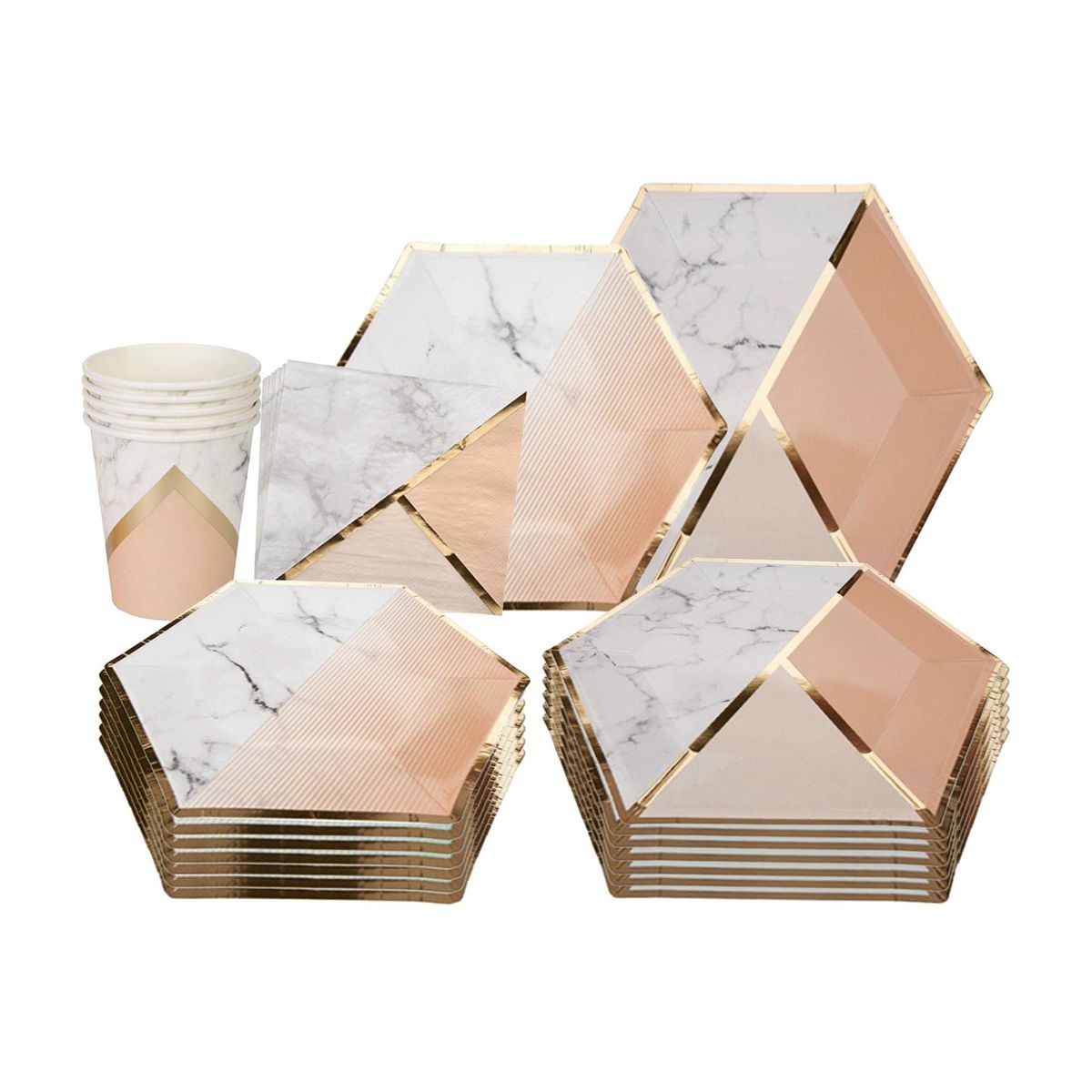 Disposable Tableware Set for 8 Guests Marble Pattern Disposable Paper Dinnerware Hexagon Plates Cups Napkins for Birthday Weddings Celebrations Kids Party
