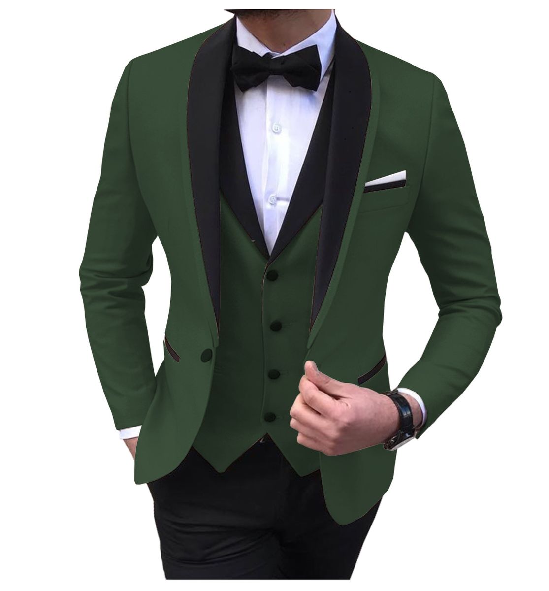 Slit Mens Suits Shawl Lapel Casual Groom Tuxedos For Wedding Groomsmen Suits Men Dark Green