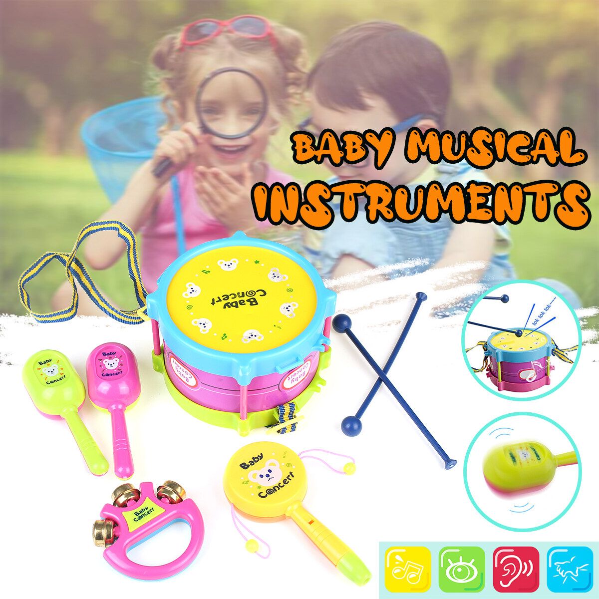 5pcs/Set Baby Boy Girl Drum Musical Instruments Kids Band Kit Children Gift Toys