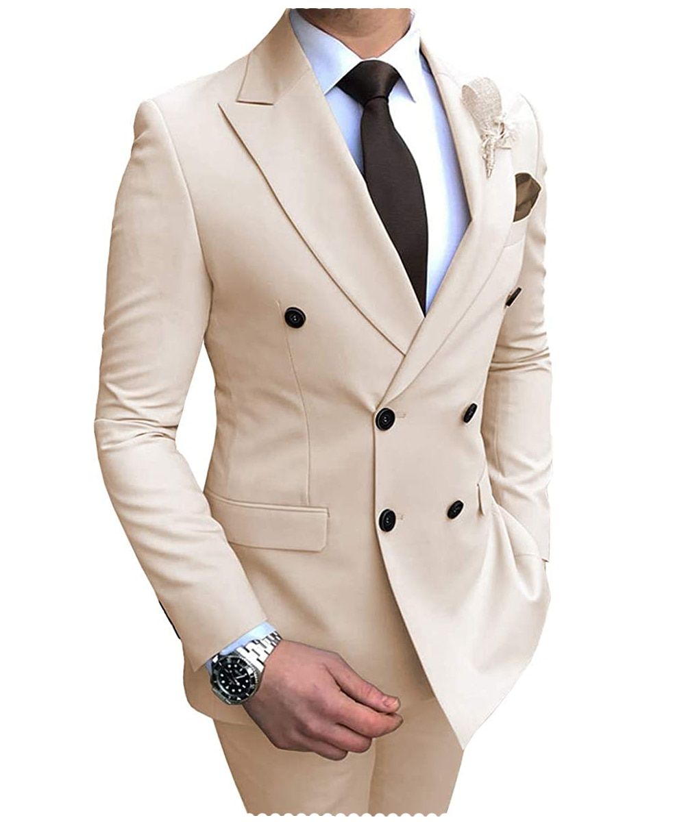 2022 New Beige Men's Suit 2 Pieces Double-Breasted Notch Lapel Flat Slim Fit