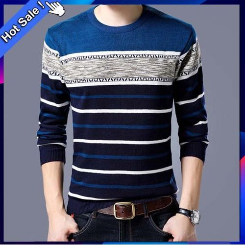 Mens Fashion Knitted Collar Sweater Striped Slim Fit Knittwear Autumn Cloths