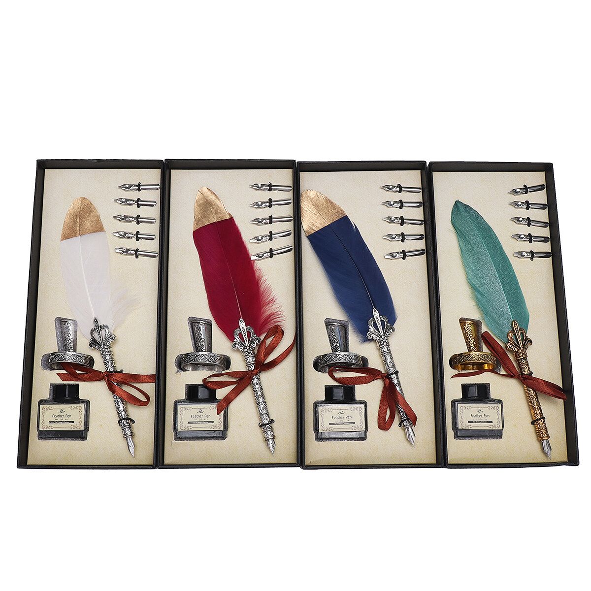 9 Pcs Vintage Feather Dip Pen Writing Ink Set With Ink Holder Stationery Luxury Calligraphy Fountain Gift Box White