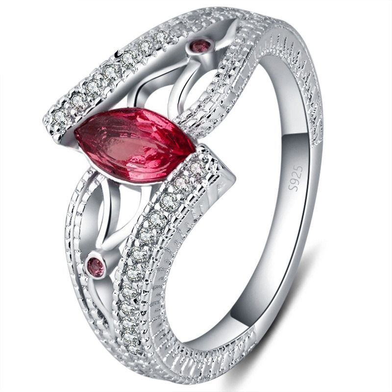 Sterling Silver Finger Rings Women Vintage Engagment Zircon Jewelry,Size:8(Red)