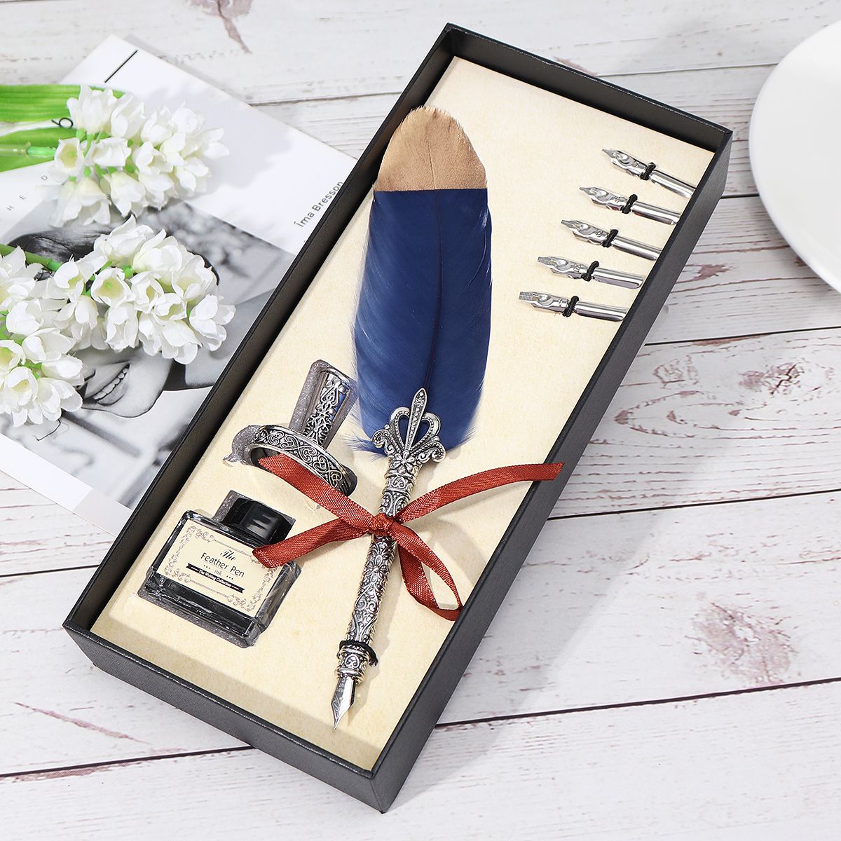 9 Pcs Vintage Feather Dip Pen Writing Ink Set With Ink Holder Stationery Luxury Calligraphy Fountain Gift Box Blue