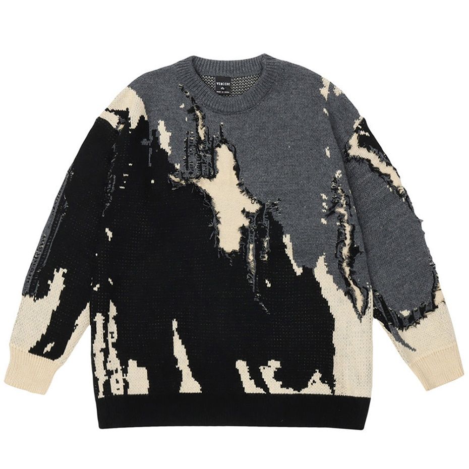 Punk Knitted Sweaters Men Distressed Designer Oversized-black