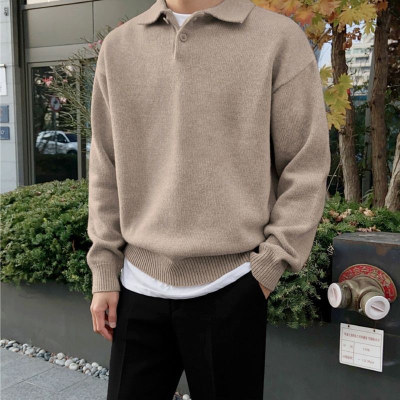 Korean Fashion Chic Lapel Pullover Knitting Tops Men's-Khaki
