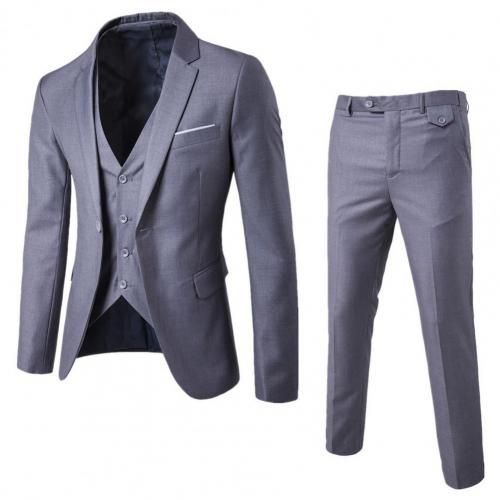 1 Set Men Suit Slim Single-breasted Korean Style Blazer Zipper Fly Pants Grey