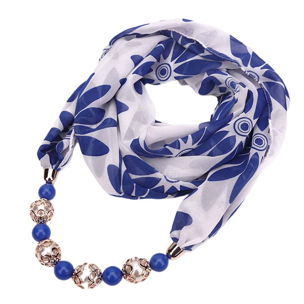 Beads Pendant Floral Print Necklace Scarf Simple-Royal Blue