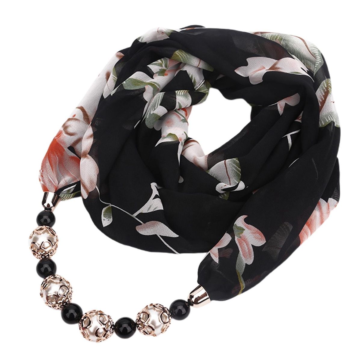 Beads Pendant Floral Print Necklace Scarf Simple-Black