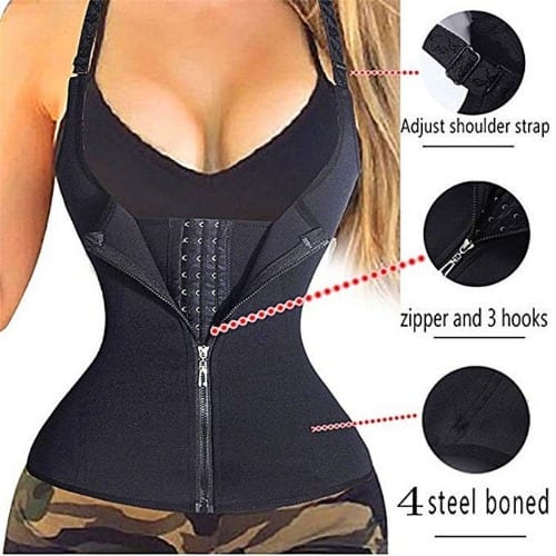 Waist Trainer With Zip - 3 Hooks & Shoulder Adjustable Strap - Black