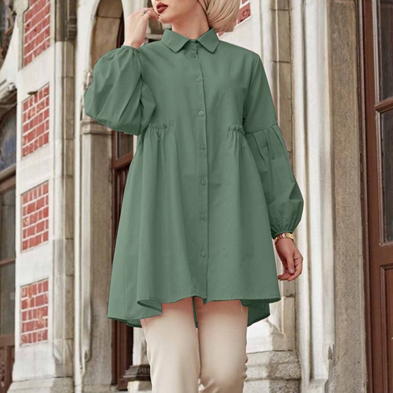 ZANZEA Women Summer Blouse Casual Full Sleeve Tops Fashion Solid Baggy-Green