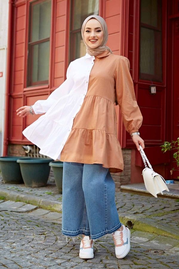 Women's Double Color Tunic Shirt Summer Spring Ladies Muslim Clothes-White-coffee