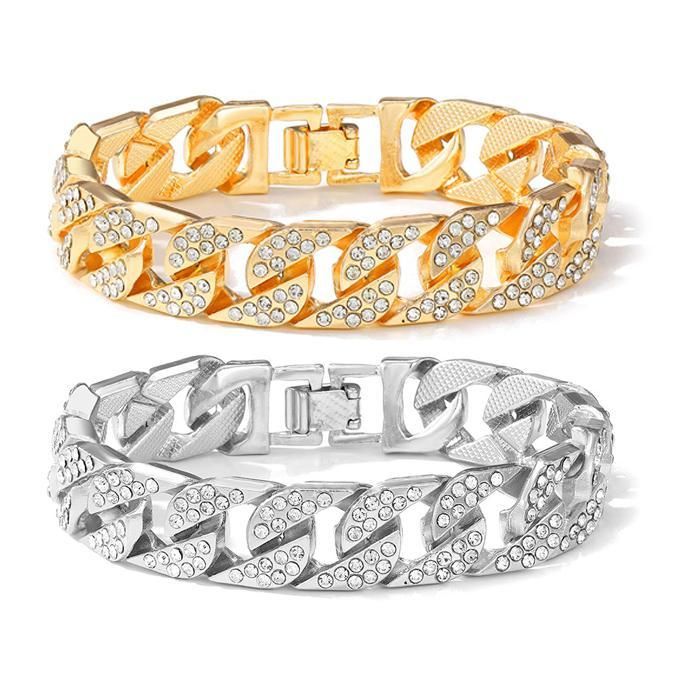 2 Pcs Set Hand Chain Bracelet Diamond Iced Out Cuban Curb Gold + Silver