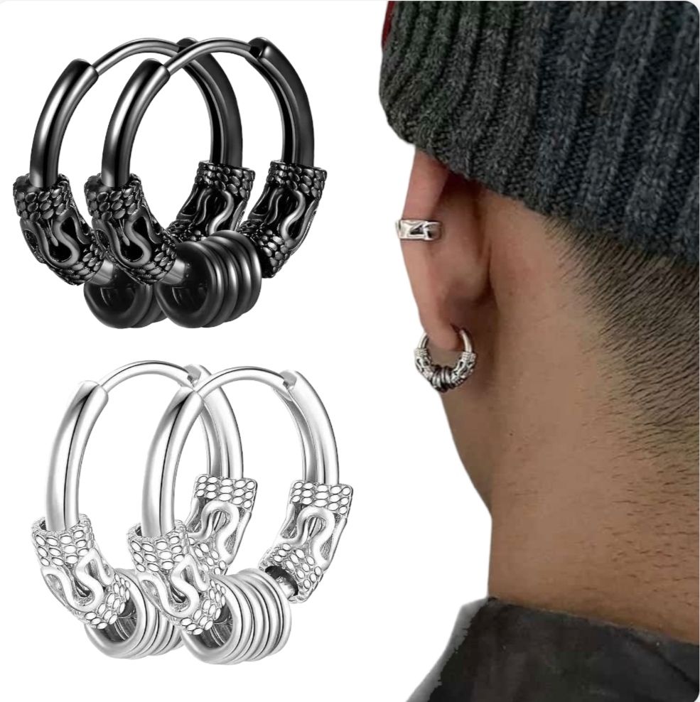 2 Pcs Classy Silver Black Unisex Ear Clip Stainless Steel Men Women Piercing Earring Fashion Jewelry Punk Rock Style Mens Earrings