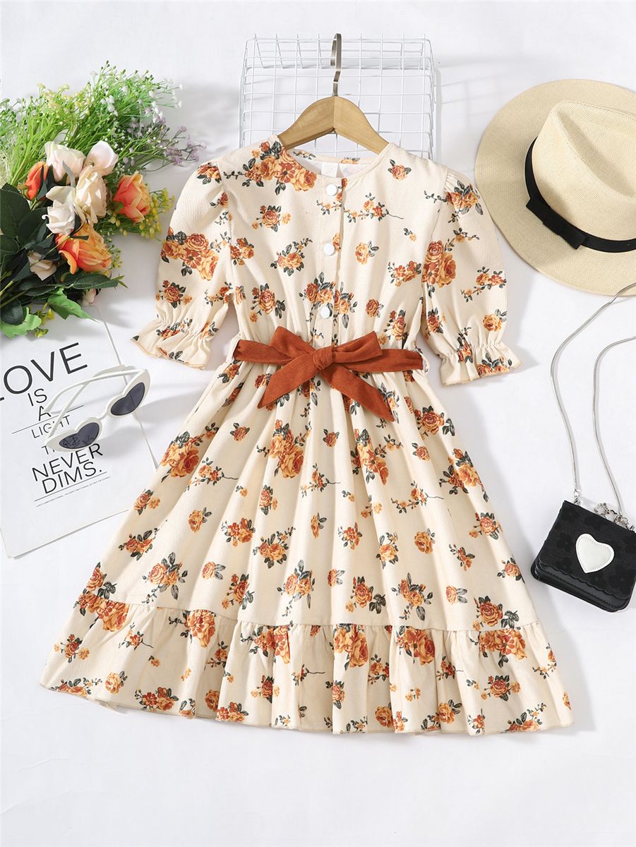Children Girl Dress Small Floral Print Fly Sleeve Long Lady Dress For 8-12 Years