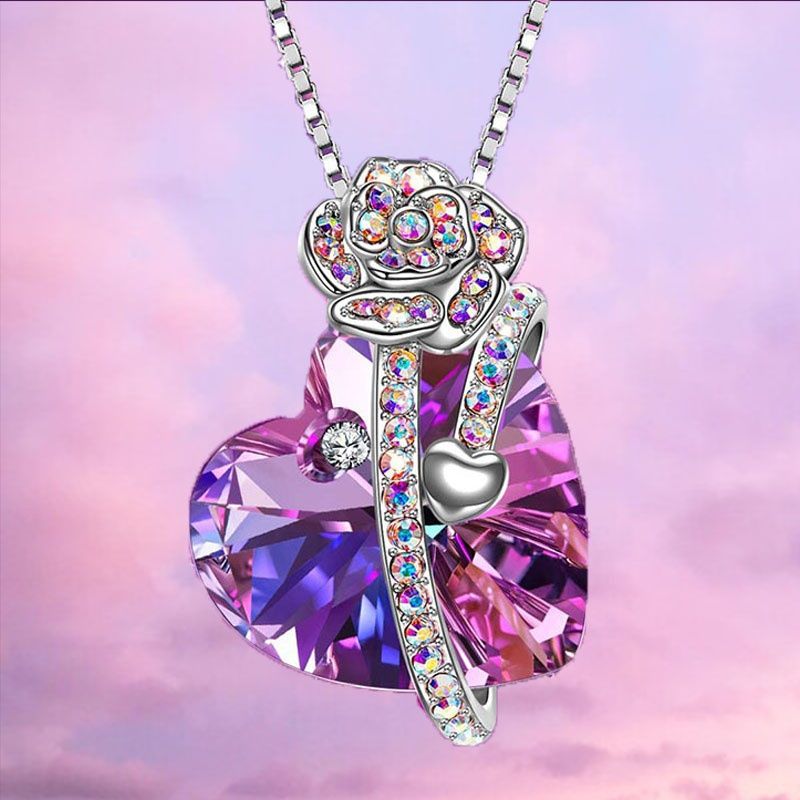 Exquisite Fashion Necklace Rose Flower Elegant Lady Amethyst Heart Pendant Glamo