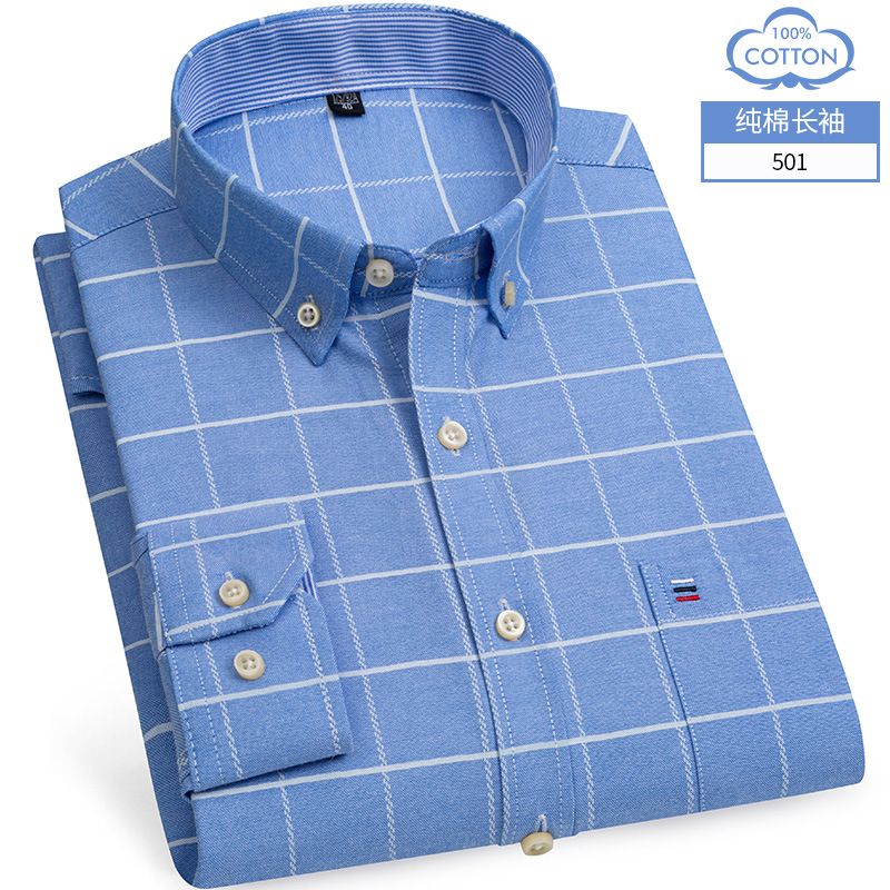Men's Oxford Long Sleeve Casual Shirts Single Pocket Comfortable Standard-fit Button-down Plaid Striped Cotton Shirt