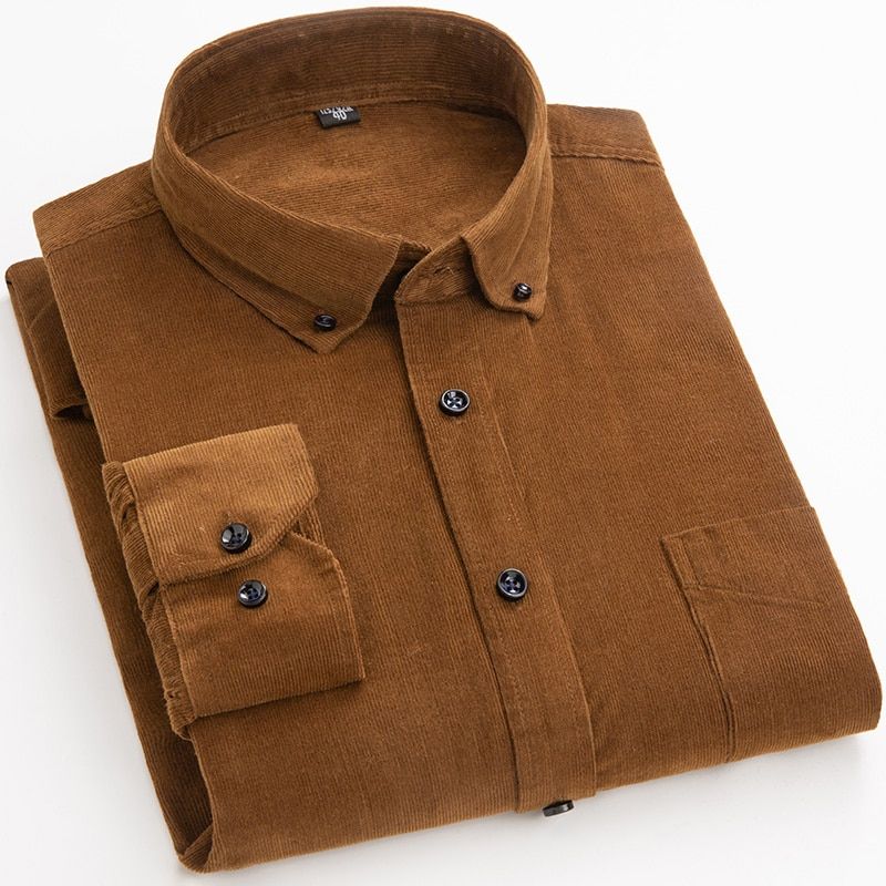 Cotton Corduroy Shirt Long Sleeve Winter Mens Casual Shirt Warm Solid Men's Shirts With Pokets