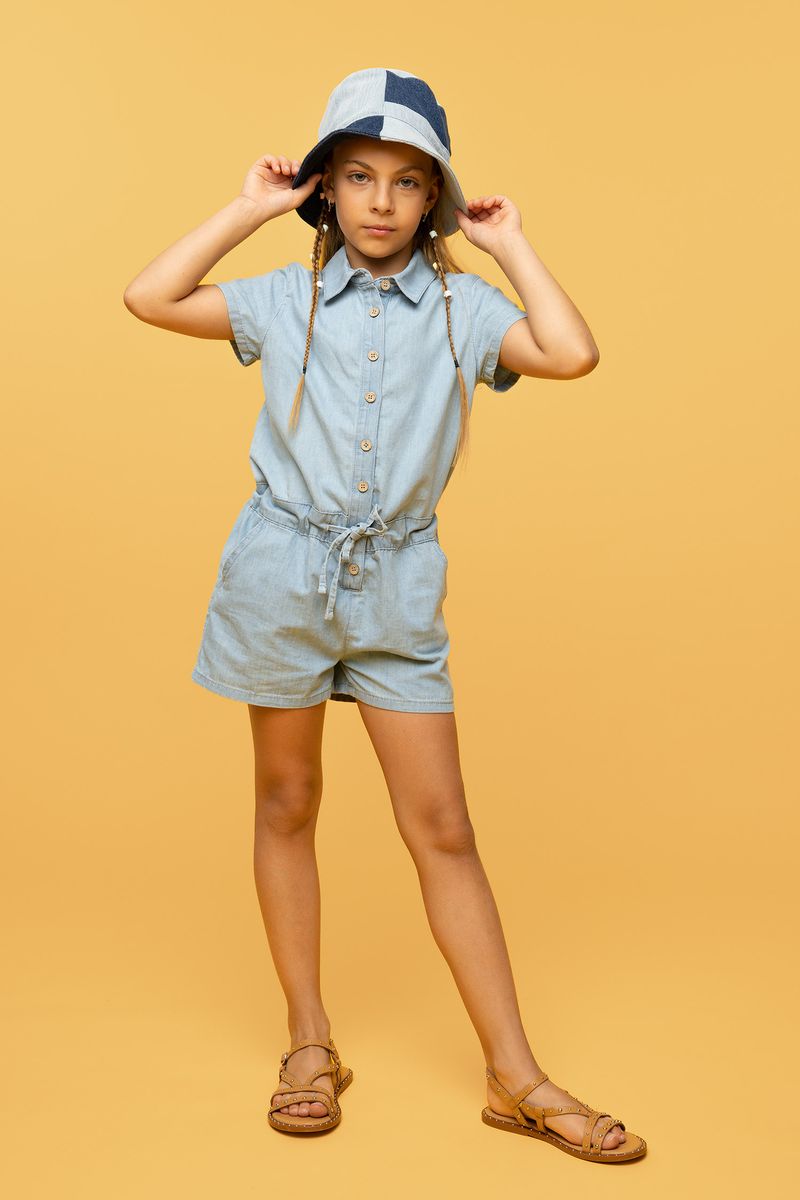Girl Casual Short Sleeve Denim Jump Suit - Blue