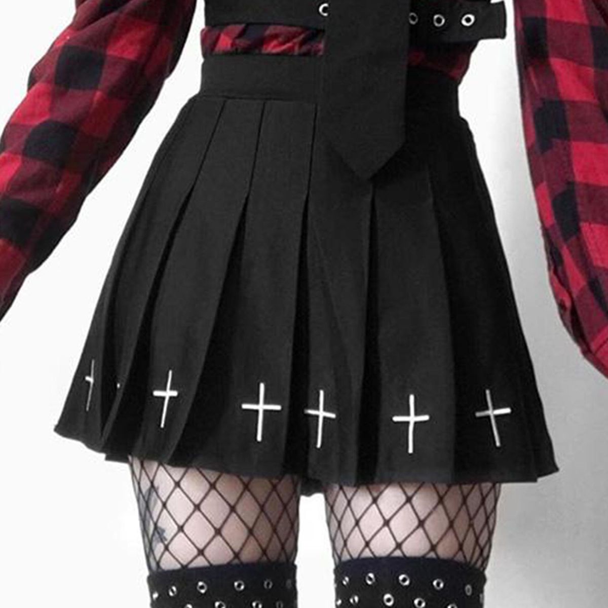 Black Cross Print Women Mini Skirt Pleated Rock Gothic Lolita XL
