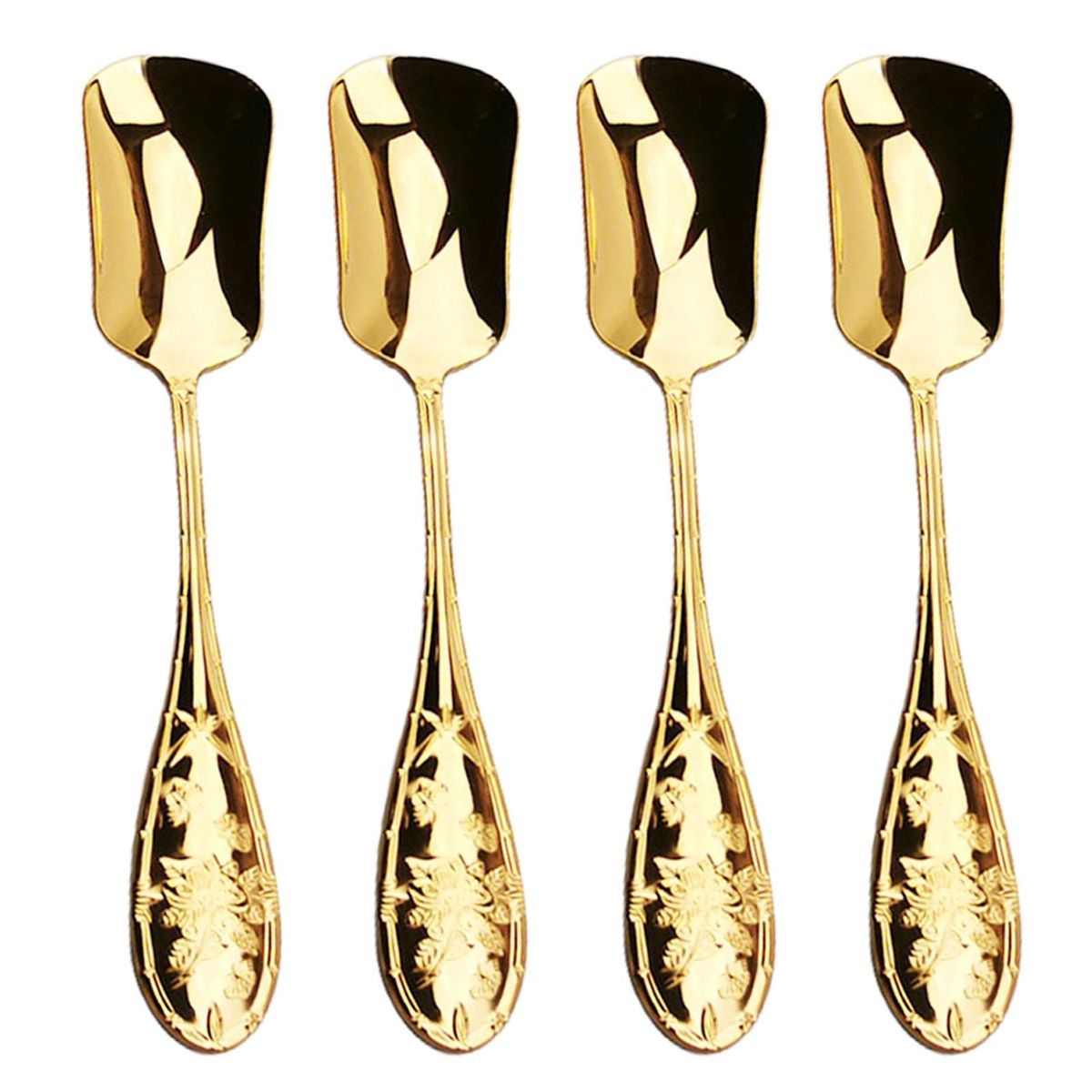 Vintage Square Head Stainless Steel Dessert Spoons 4pcs Set for Ice Golden