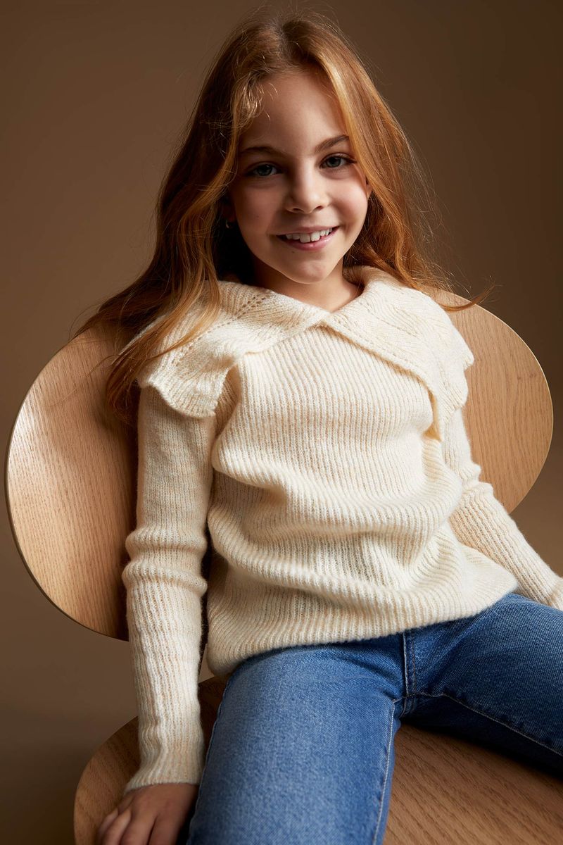 Girl Casual Regular Fit Crew Neck Tricot Pullover - Ecru