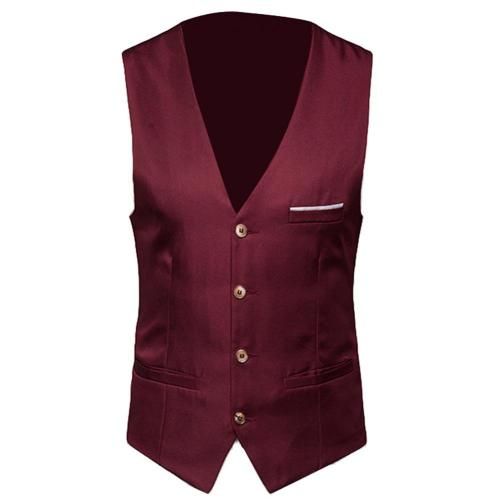 New Men Classic Formal Business Suit Vest Single Breasted Business Waistcoat Sleeveless Waistcoat Wine Red