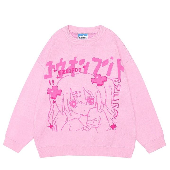 Anime Girl Knitted Sweater Men Women Oversize Y2k Fashion-Pink