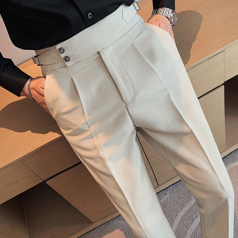 Mens Dress Suit Pants Striped Plaid British Style High Waist Casual Belt Design