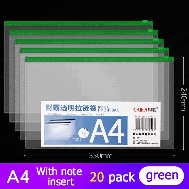 20pcs File Holder Transparent Plastic Information Bag Zipper Large Capacity Book Bag Stationery Student Office File Bag A4 Green