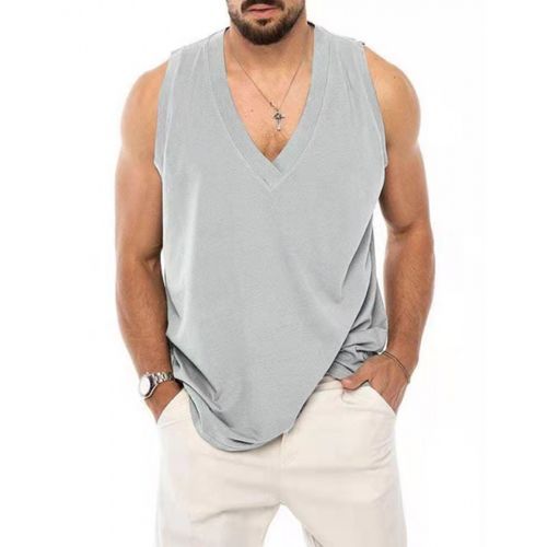 Men's New Sleeveless Vest Casual Solid Color Cotton Linen T-Shirt-light Grey