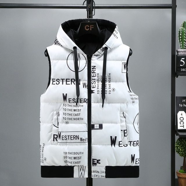 3660 Black Grey White Letters Printed Sleeveless Jacket Men With Hooded Jacket