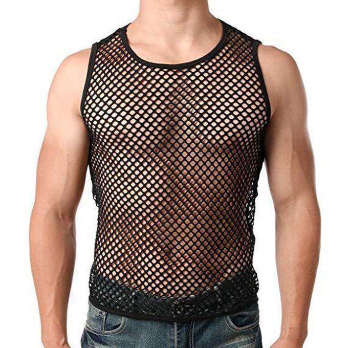 Men Sexy Vest See-through Fishnet Summer Round Neck-Black