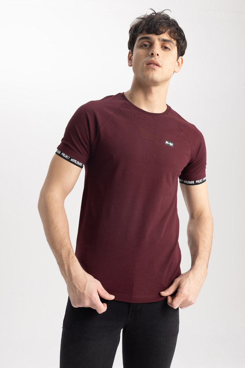 Man Young Muscle Fit Short Sleeve Crew Neck Knitted T-Shirt - Bordeaux