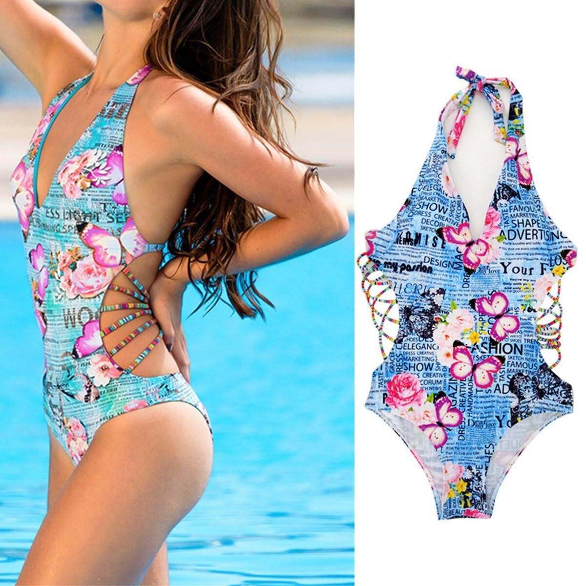 Swimwear One Piece Bathing Suit Women Monokini Bikini Bandage Floral Swimsuit XL
