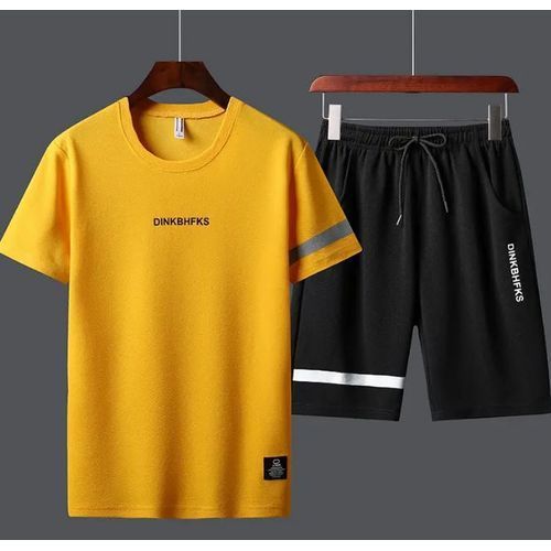 Quality Men, Women Yellow And Black Up And Down Round Neck Polo And Shorts