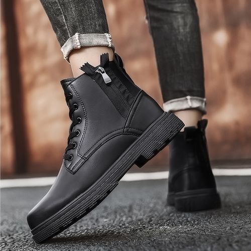 Winter Men Boots Waterproof Leather Shoes EUR Size 39-46 High Top Fashion Chukka Boots High Quality Motorcycle Ankle Boots Outdoor Work Casual Shoes Lace Up Zipper Trend Western Boots Black