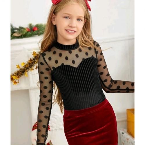 Girls Long Dot Sheer Mesh Yoke Velvet Top-SIZE RUN SLIM&SMALL (ORDER 3 SIZES UP)