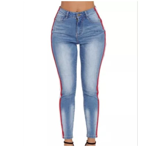 Striped Splicing Slim High Waist Jeans - Light Blue