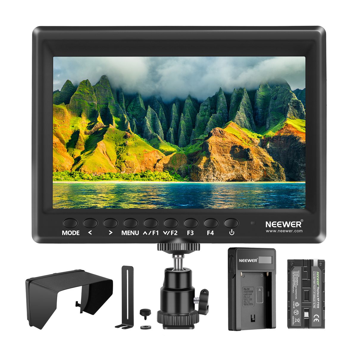 F100 7 Inch Camera Field Monitor HD Video Assist Slim IPS 1280x800 HDMI Input 1080p With 2600mAh Li-ion Battery/USB Charger For DSLR Cameras, Handheld Stabilizer, Film Video Making Rig