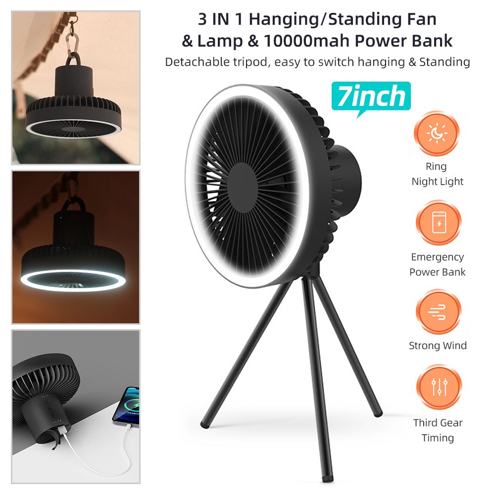 10000mAh Power-Bank 7inch Rechargeable Fan LED Light Tripod