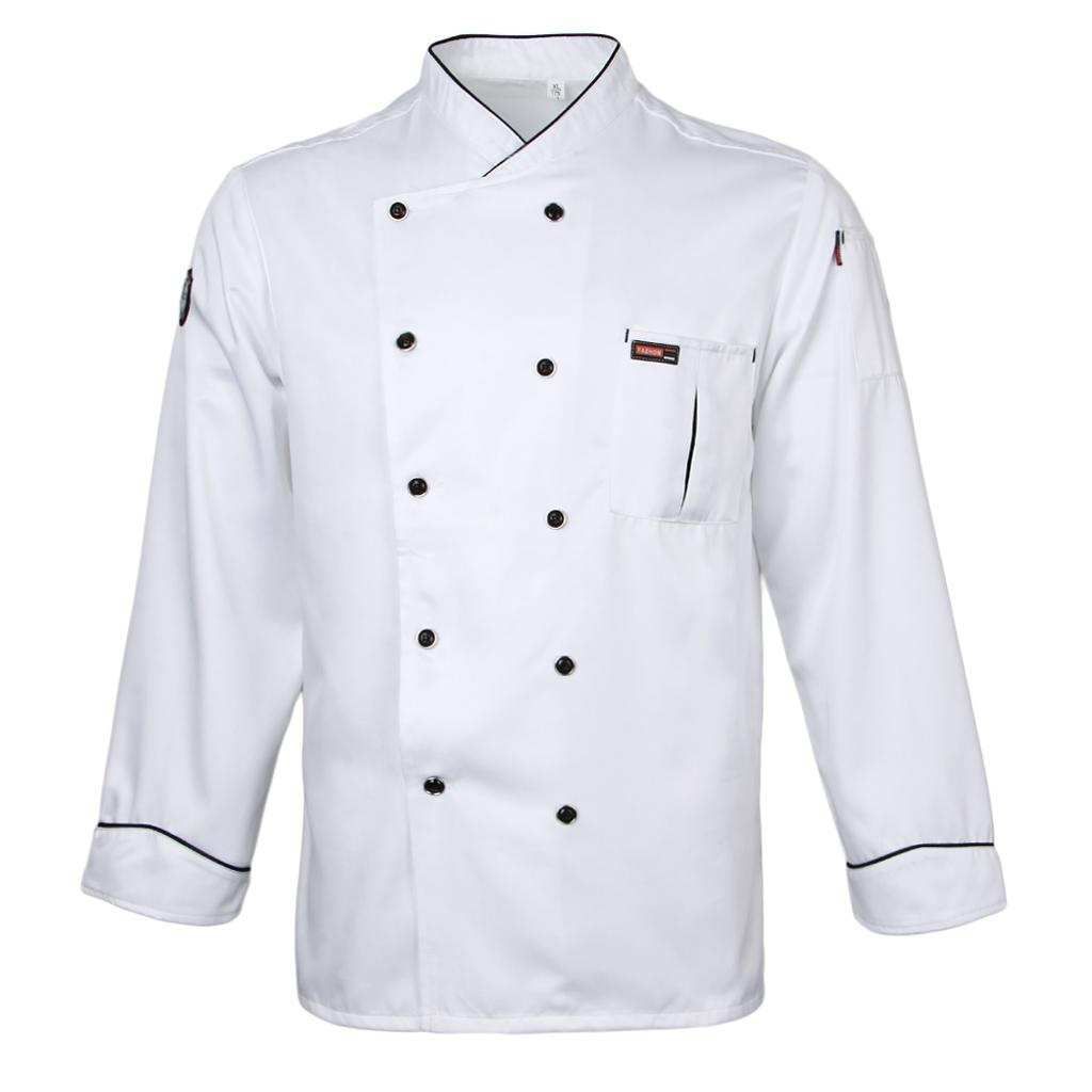 Men Women Piping Chef Jacket Coat Uniform Long 2XL White