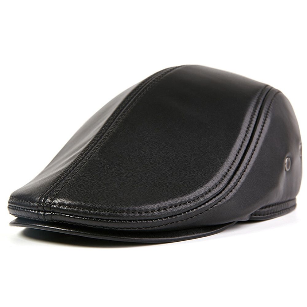 Black Men Flat Cap Sheepskin Real Leather Men's Gatsby Cap High Quty Autumn