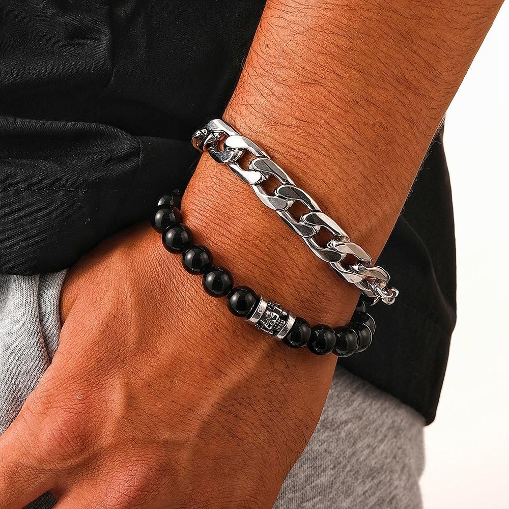 2 IN 1 Stone Beads With Chain Bracelet Black