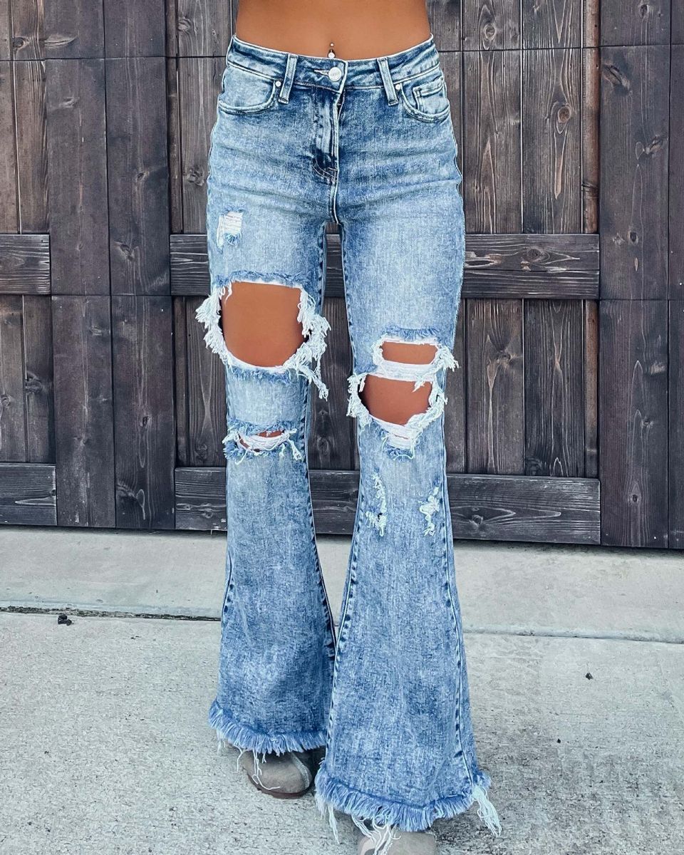 Women Hole Wide Leg Denim Trousers Lady Jeans