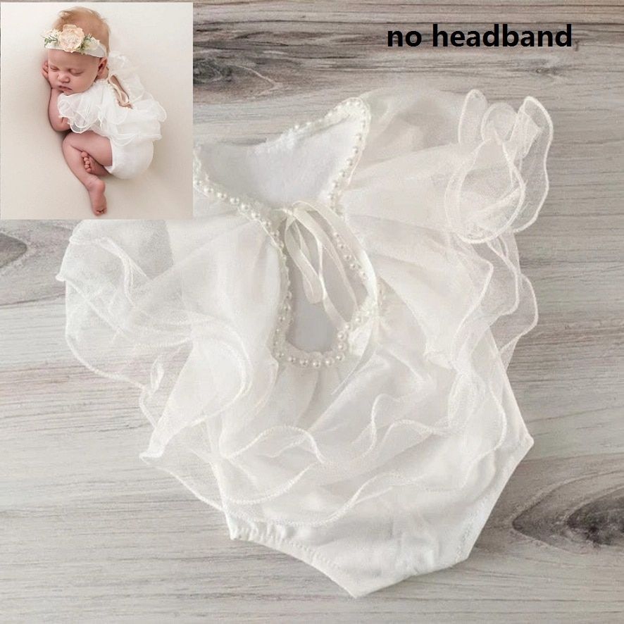 0-1Month Baby Newborn Photography Props Headband Baby Girl Lace Romper Bodysuits Outfit Photography