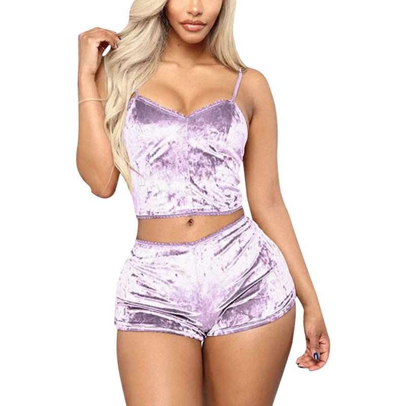 (light Purple)2 Piece Set Women Velvet Pajama Set Spaghetti Straps Sleepwear Short Pajama Set Women Casual Nightwear Party Set Large Size GRE