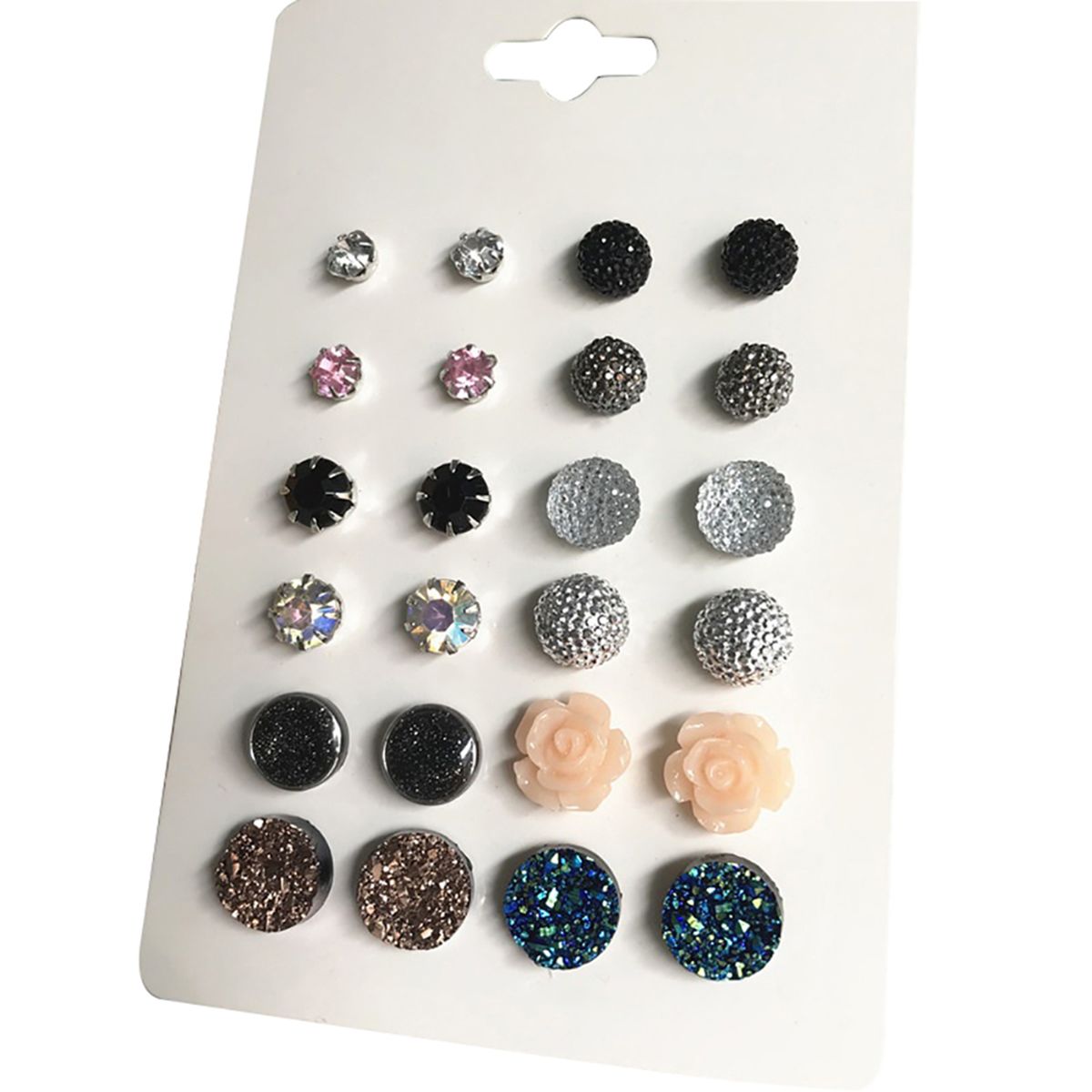 12 Pairs Ear Studs Simple Wear-resistant Women Round Rhinestone Flower Earrings Set For Party