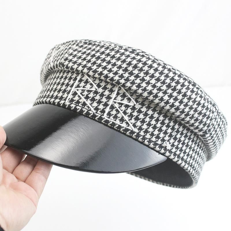 Winter Hats For Women  Houndstooth Sailor Hat Embroidery RB  Hat Causal Travel Flat Top Cap Warm Student Navy Cap