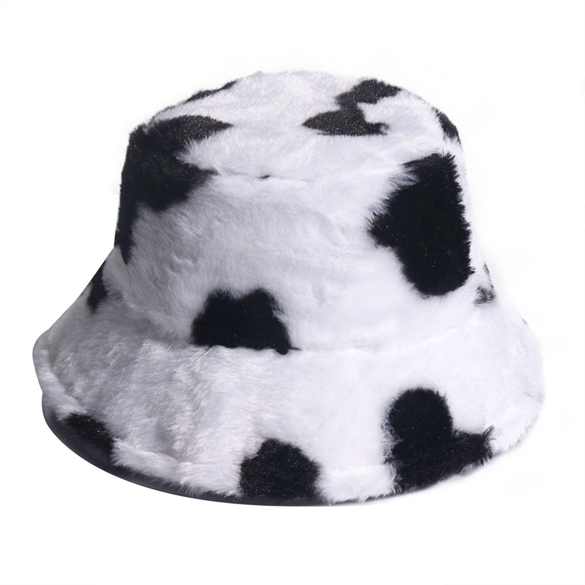 Cow Print Thickened Bucket Hat Plush Wide Brim Foldable-Cow